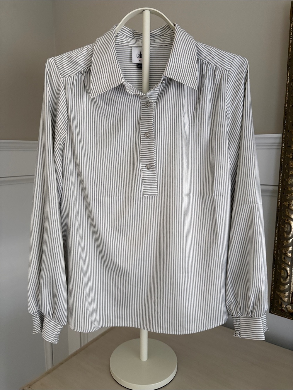 CAbi Men's White and Black Pinstripe Pullover Shirt